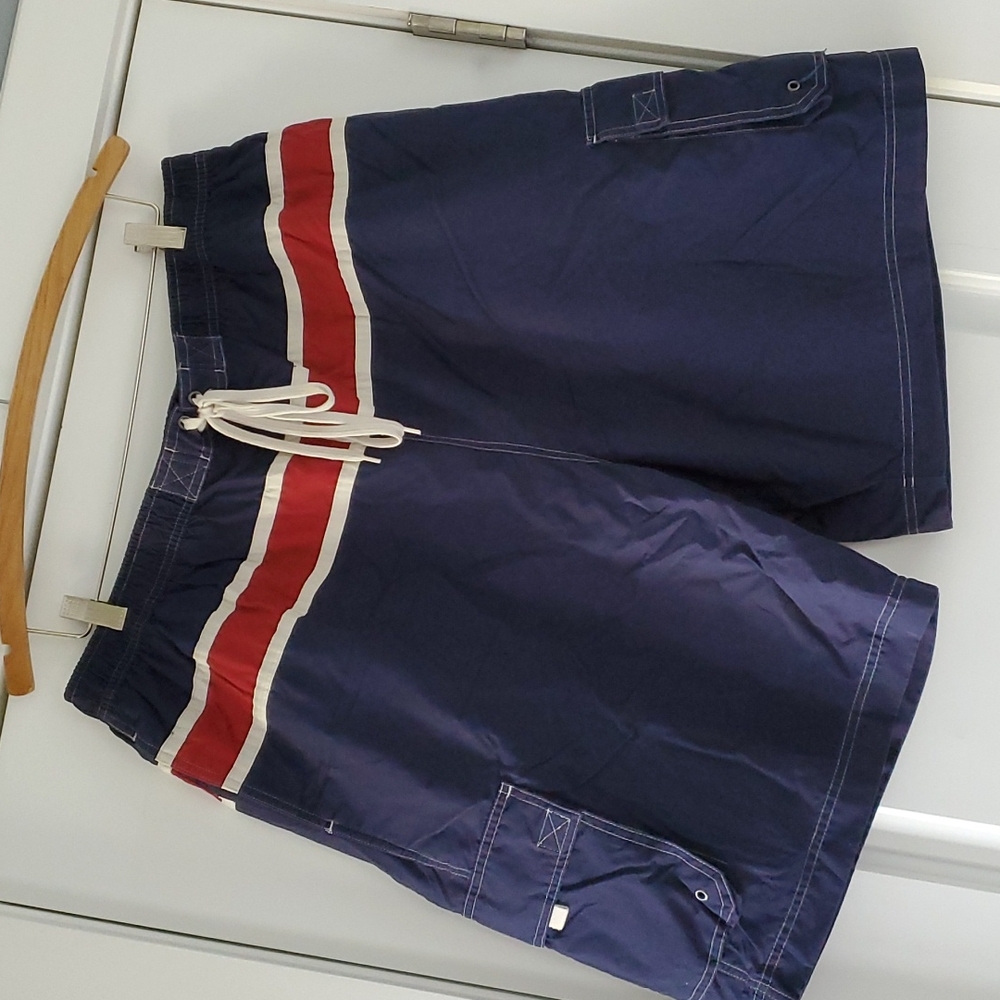 Navy blue/red/cream cargo swim trunks!